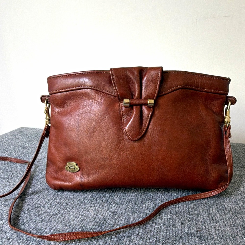 Etienne Aigner Brown Shoulder Bag Zip Closure Bow Logo Strap Gold Hardware